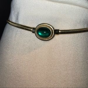 Vintage Gold Tone Belt Elasticized with Green Faux Jewel Clasp